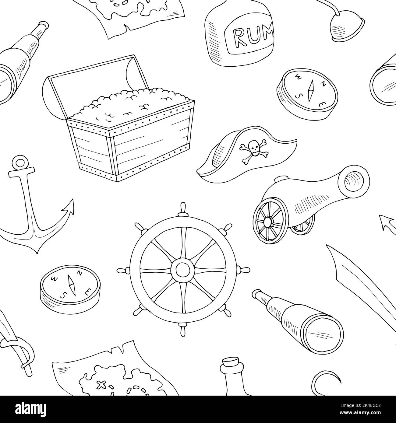 Pirate Grafik schwarz weiß nahtlose Muster Hintergrund Skizze Illustration Vektor Stock Vektor