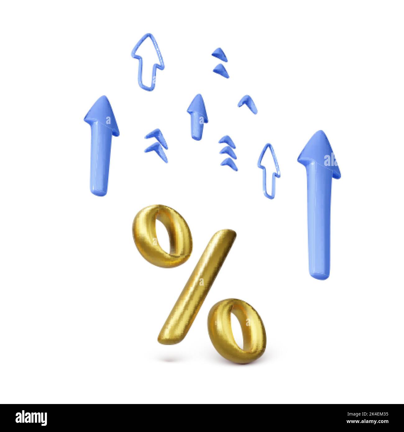 Gold Prozent Symbol mit blauen Pfeilen in 3D Cartoon-Stil. Erhöhen Sie den Zinssatz für Bankeinzahlungen. Geschäfts- und Investitionskonzept. Wachstum der Aktien auf s Stock Vektor