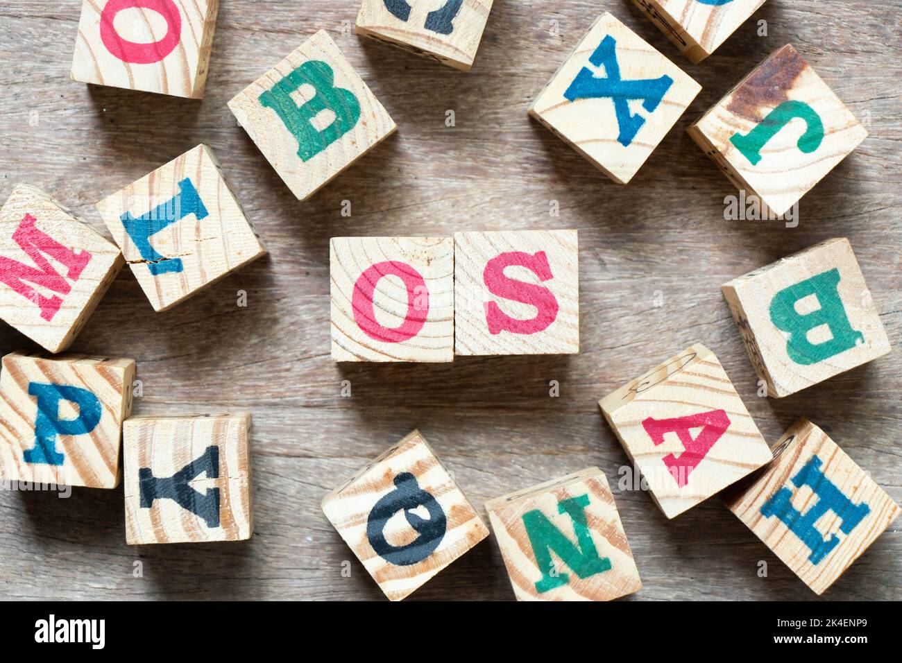 Buchstabenblock im Wort OS (Abkürzung für Betriebssystem) und ein weiterer Buchstabe auf Holzhintergrund Stockfoto
