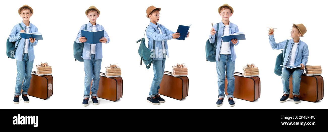 Set von niedlichen kleinen Abenteurer mit Buch und Gepäck auf weißem Hintergrund Stockfoto