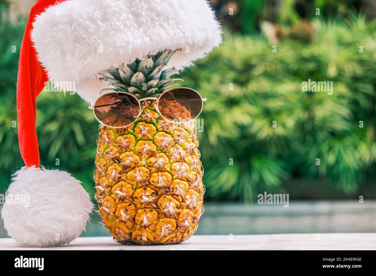 Lustige Ananas mit Sonnenbrille und Weihnachtsmann Hut gegen Pool und tropische Pflanzen bei sonnigem Wetter in den Tropen. Weihnachten in den Tropen. Winter Stockfoto