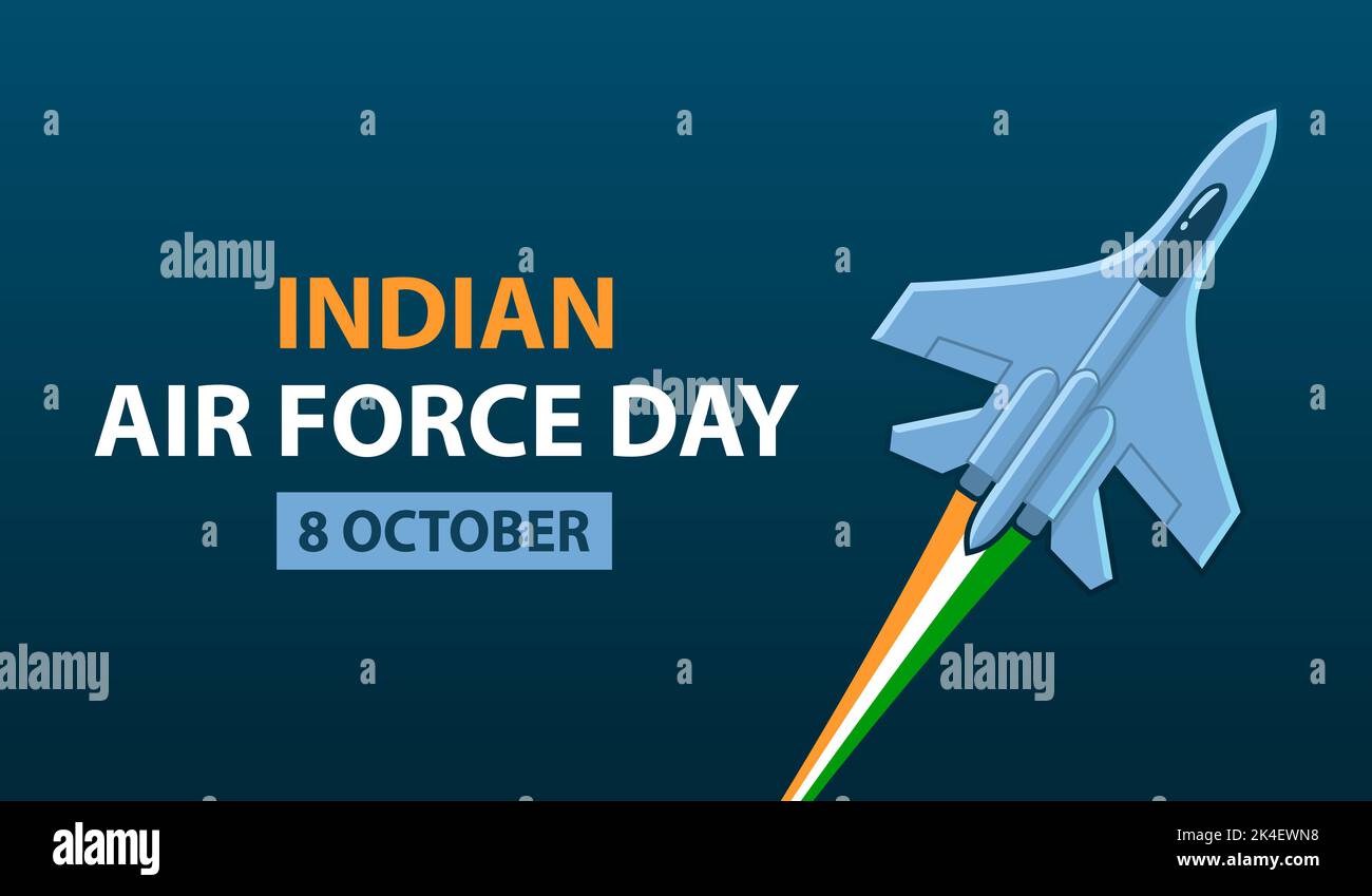 Banner-Design für die Feier zum Indian Air Force Day. Kampfjet mit Trail in Indianerflaggenfarben. Vektorgrafik. Stock Vektor