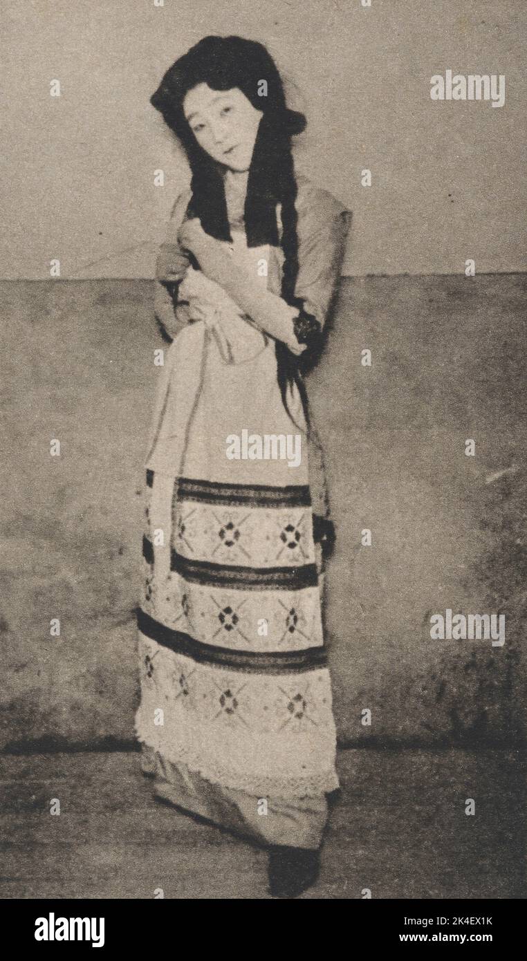 Porträt der japanischen Schauspielerin und Sängerin Matsui Sumako (1886-1919). Berühmt wurde sie durch ihre Darbietung in der Rolle der Katusha in Tolstois Auferstehung (übersetzt von Shimamura Hōgetsu). Datum: März 1914(Taisho3). Matsui Sumako als Katusha in Resurrection. Stockfoto