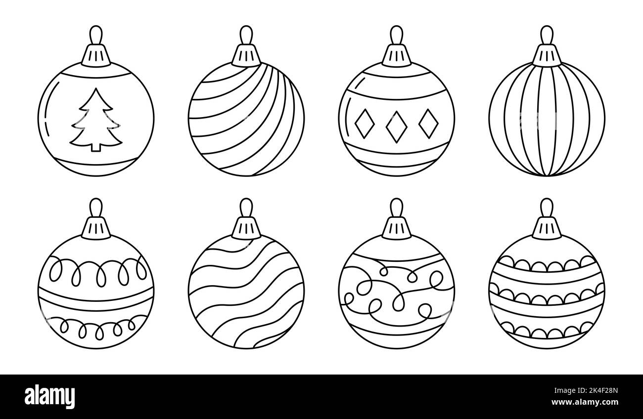 Set von Weihnachtsbaum Linie Kugeln. Dekorierte Kugeln isoliert auf weißem Hintergrund. Vektorgrafik. Stock Vektor