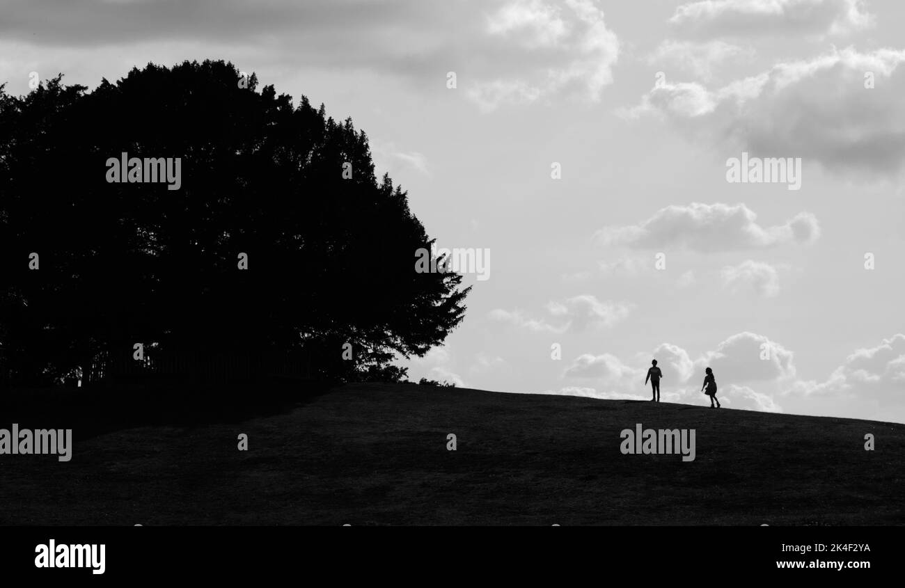 Silhouette von Kindern, Jungen und Mädchen, die den Hügel hinauf zur Boltons Bank im Lyndhurst New Forest, Großbritannien, laufen Stockfoto