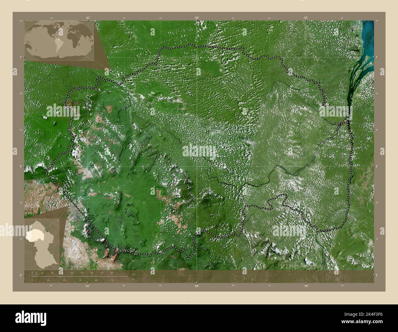 Cuyuni-Mazaruni, Region Guyana. Hochauflösende Satellitenkarte. Standorte der wichtigsten Städte der Region. Karten für zusätzliche Eckposition Stockfoto