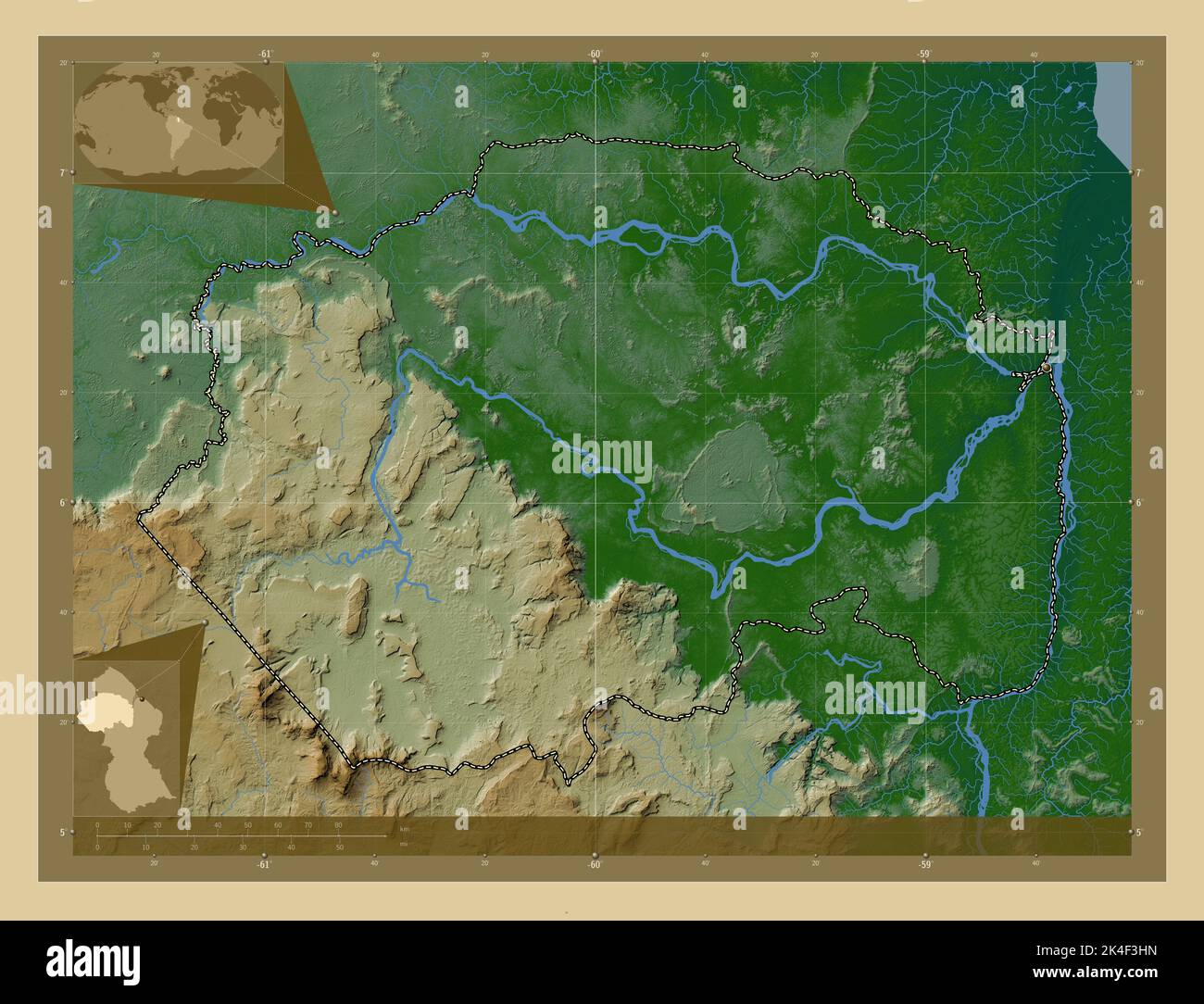 Cuyuni-Mazaruni, Region Guyana. Farbige Höhenkarte mit Seen und Flüssen. Karten für zusätzliche Eckposition Stockfoto