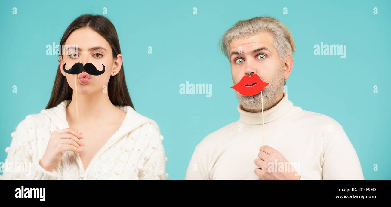 Frau mit Schnurrbart und Mann mit roten Lippen. Gleichberechtigung der Geschlechter. Diversität, Toleranz und Geschlechteridentitätskonzept. Stockfoto