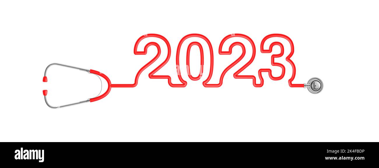Stethoskop Jahr 2023 - 3D Illustration Stethoskop Schläuche Formjahr 2023 Text Medizinisches Industriekonzept Stockfoto