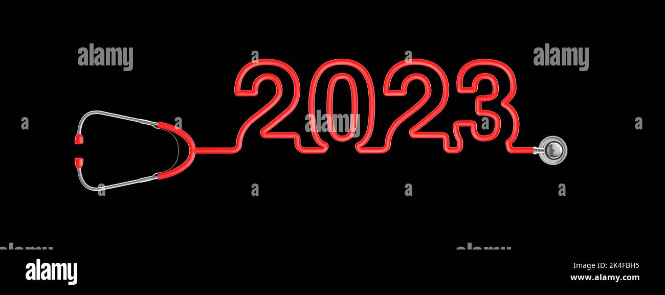 Stethoskop Jahr 2023 - 3D Illustration Stethoskop Schläuche Formjahr 2023 Text Medizinisches Industriekonzept Stockfoto