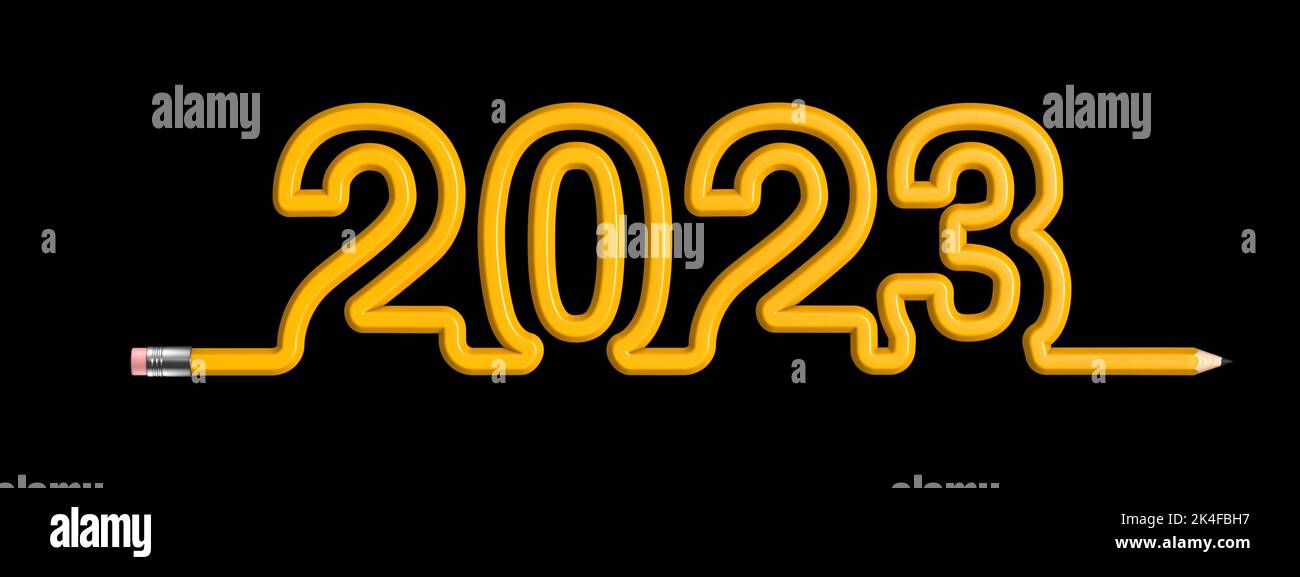 Bleistift 2023 Bildungskonzept - 3D Illustration des gelben Holzbleistifts, der das Jahr 2023 bildet Text Stockfoto