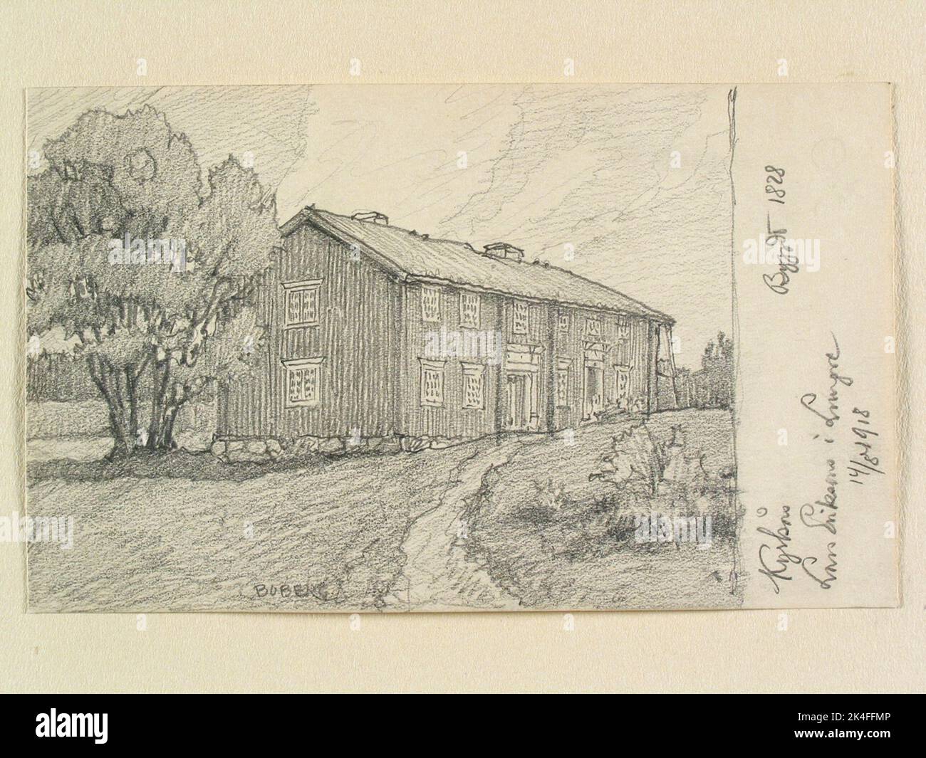 Jämtland, Kyrkås sn. „Lars Eriksons in Lungenre. Gebaut in 1828'. Zeichnung von Ferdinand Boberg Nordic Stockfoto