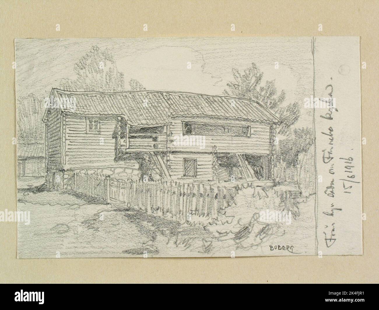 Västmanland, Vagnbro hd., Västerfärnebo sn., Västerfärnebo. 'Aus dem Dorf südlich der Färnebo Kirche'. Zeichnung von Ferdinand Boberg. Nordisch Stockfoto