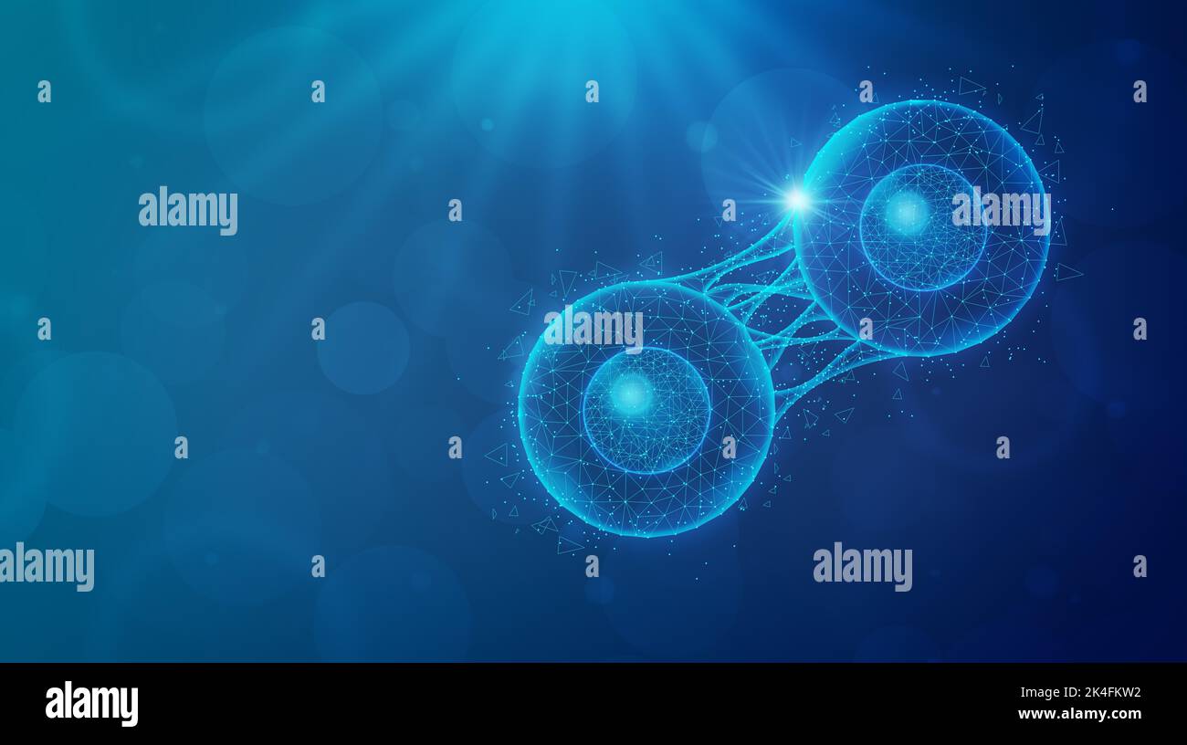 Zellkodierung und Zellumprogrammierung - eine entwickelte Zelle unterzieht sich einer Division auf abstraktem blauem Hintergrund - konzeptionelle Illustration Stockfoto