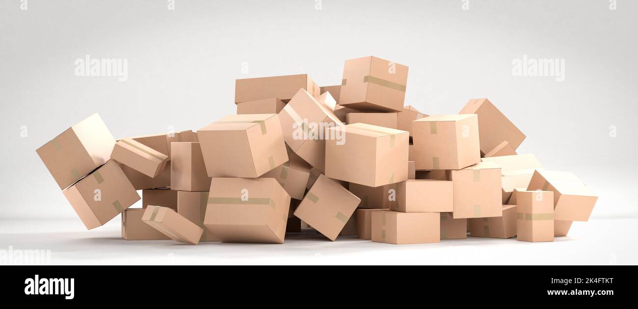 Unterschiedlich große Kartons fallen. Heller Hintergrund. Konzeptbild für Konsumdenken, Online-Shopping Stockfoto