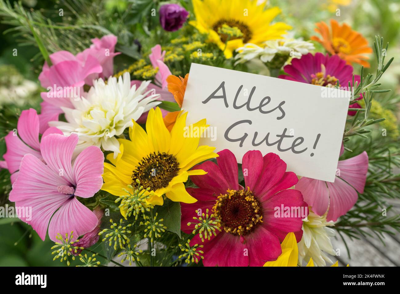 Farbenfroher Blumenstrauß mit einer Grußkarte und deutschem Text: Alles gute Stockfoto