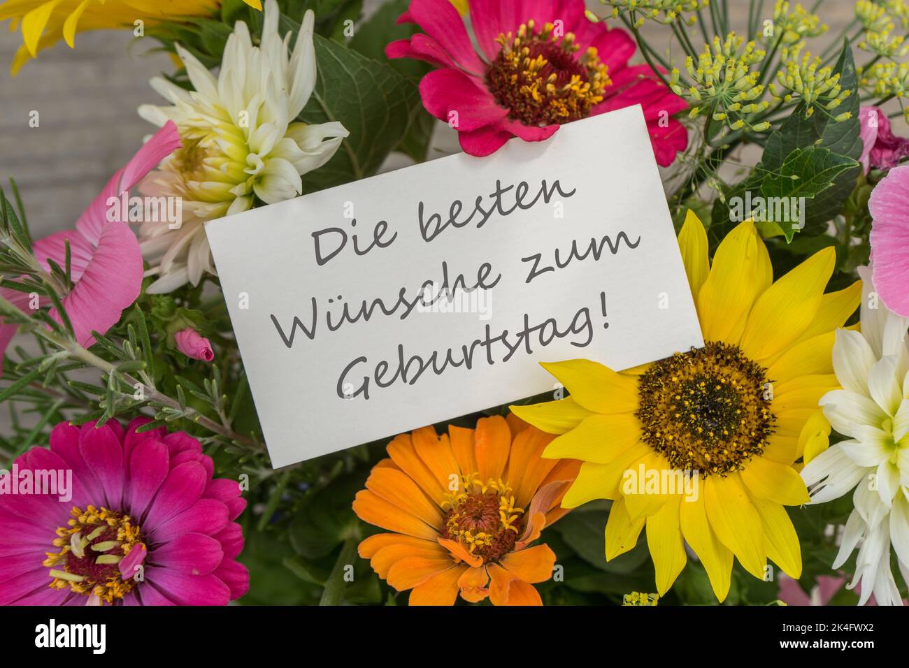 deutsche Geburtstagskarte mit bunten Sommerblumen und dem Schriftzug: Beste Wünsche zum Geburtstag Stockfoto