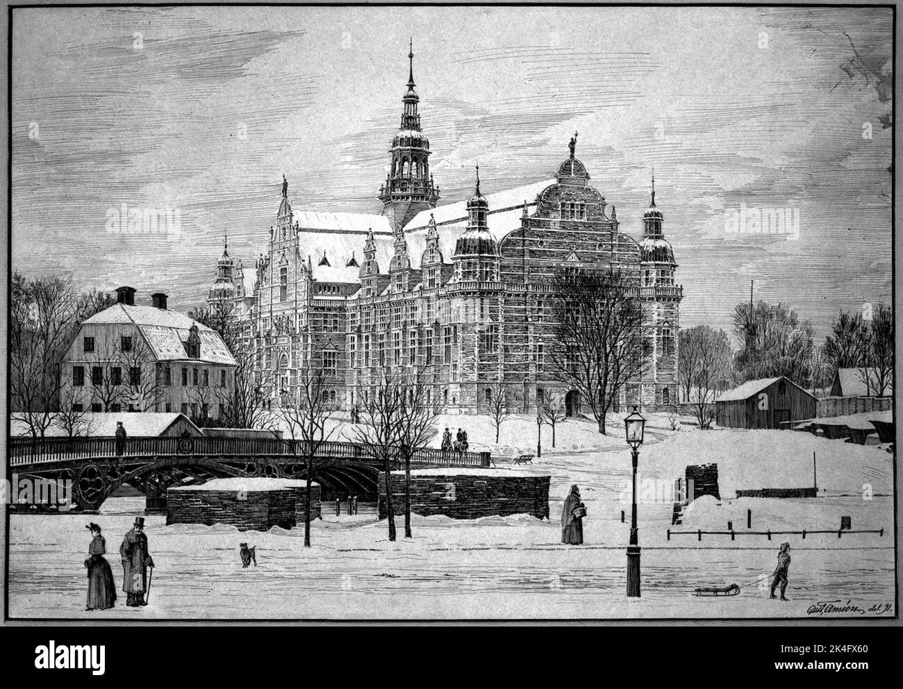 Das Nordische Museum. Die Allmore Hall, der Gebäudeteil, der zuerst errichtet werden sollte und der mit mehreren Änderungen zur endgültigen Lösung wurde. Im Vordergrund flankieren die Strandvägen. Zeichnung von Gustaf Améen, 1891. Signiert „Gust. Améen-Teil. 91. Nordisch Stockfoto