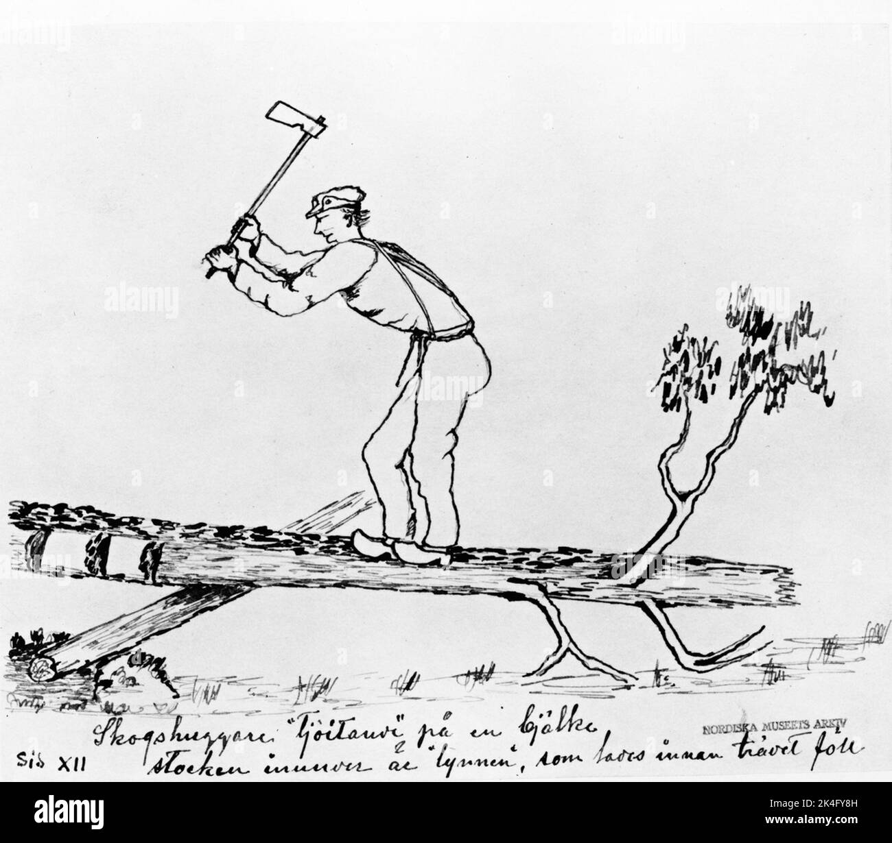 Logger bei der Arbeit. Illustration in einem der Fragebögen des Nordischen Museums, die „Blockierung“, „Skulptur“ oder „tsjöitning“ durch das Protokoll zeigen. Um die Seiten des Holzes gleichmäßig zu schneiden, wurde eine glatte Linie entlang seiner beiden Seiten markiert, entweder mit Hilfe einer kritisierten Schnur oder durch freihändiges Schneiden einer Linie. Anschließend wurden in regelmäßigen Abständen entlang des Baumes tiefe Querschnitte vorgenommen. Nordisch Stockfoto