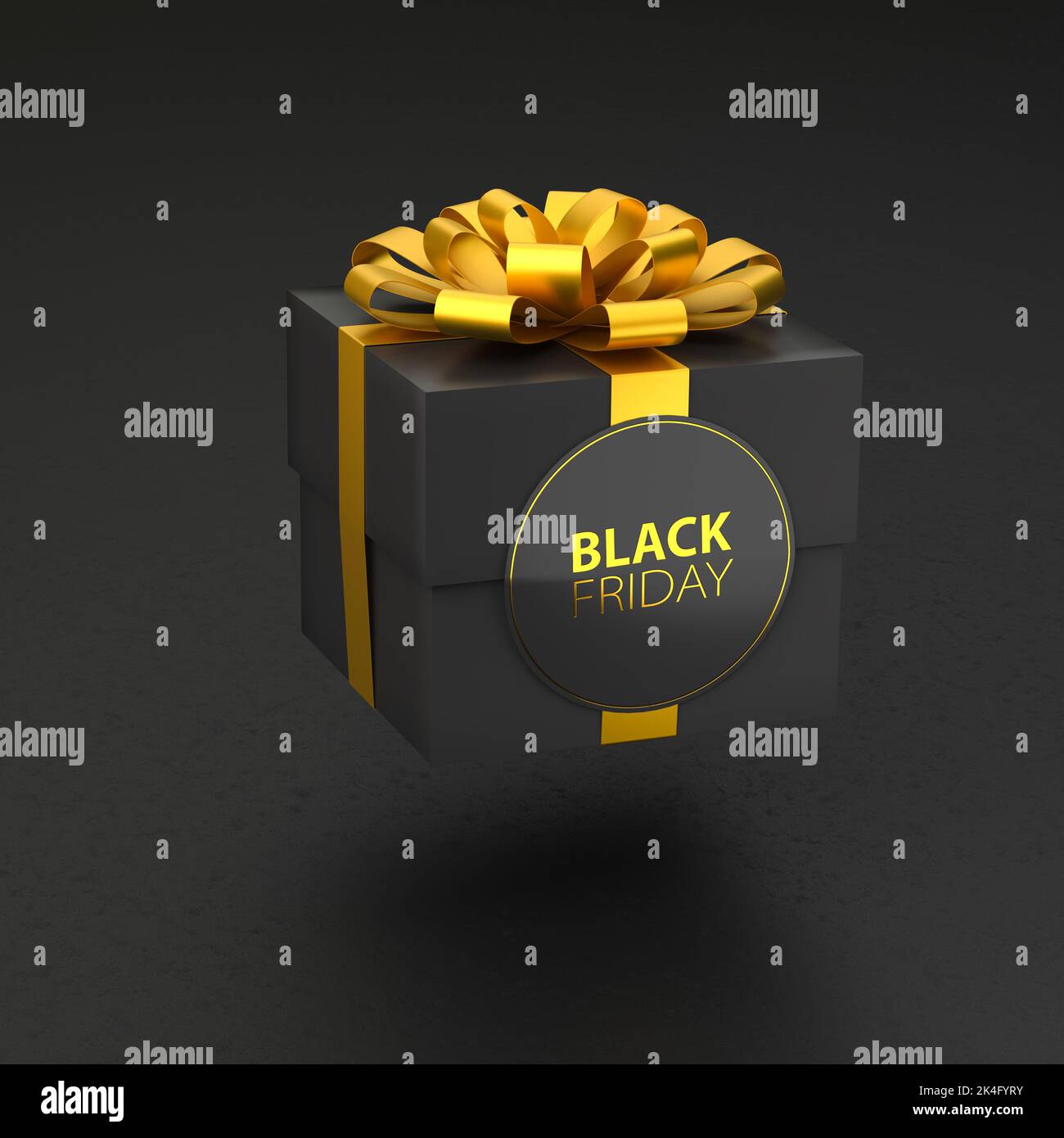 Eine dunkle Geschenkbox mit goldenem Band und Schleife, die über einem strukturierten schwarzen Hintergrund schwebt. „Black Friday“-Etikett auf der Verpackung. Stockfoto