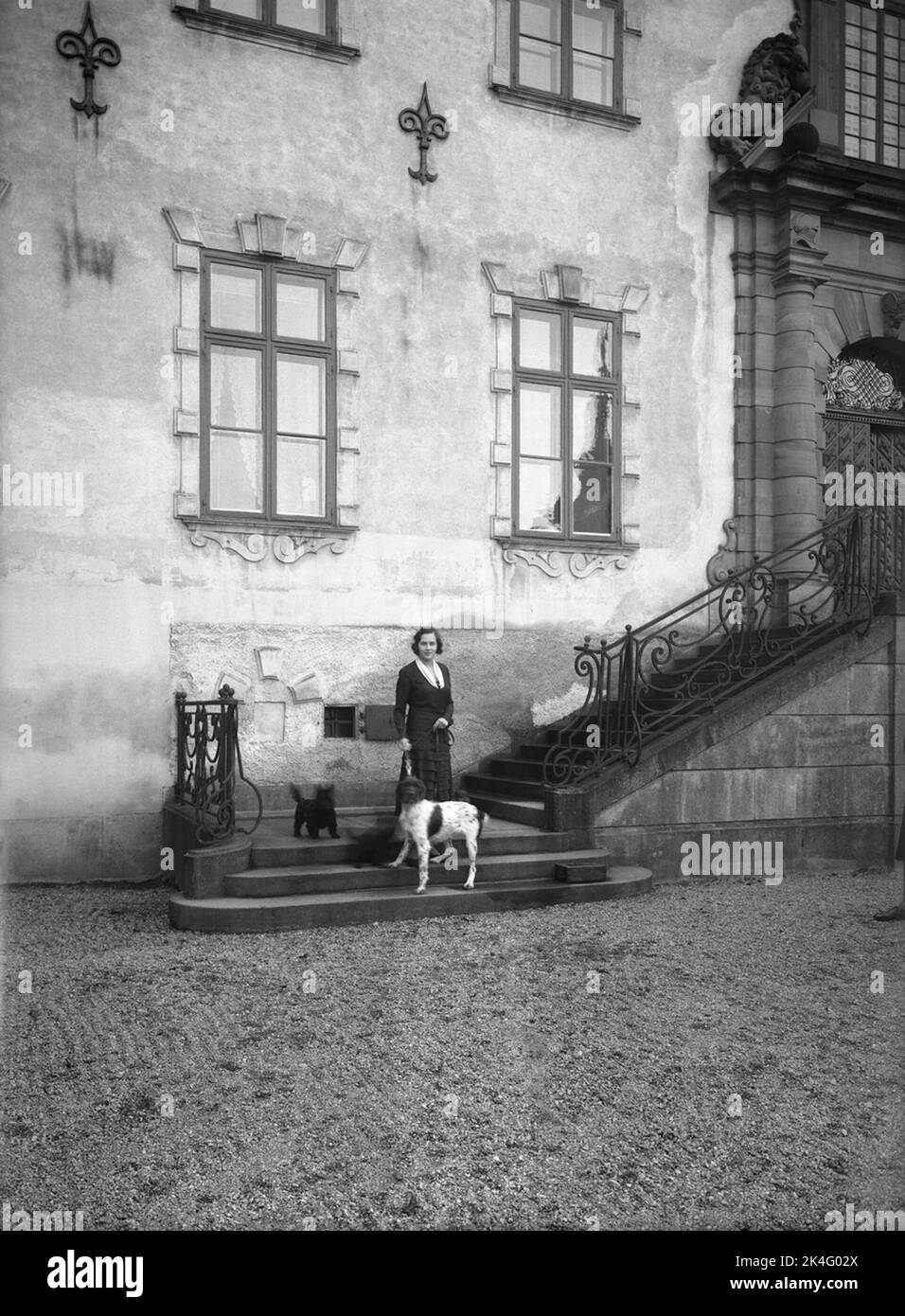 Die Markise Lagergren mit zwei Hunden, die auf der Treppe zum Schloss Tyresö stehen, 1930. Nordisch Stockfoto