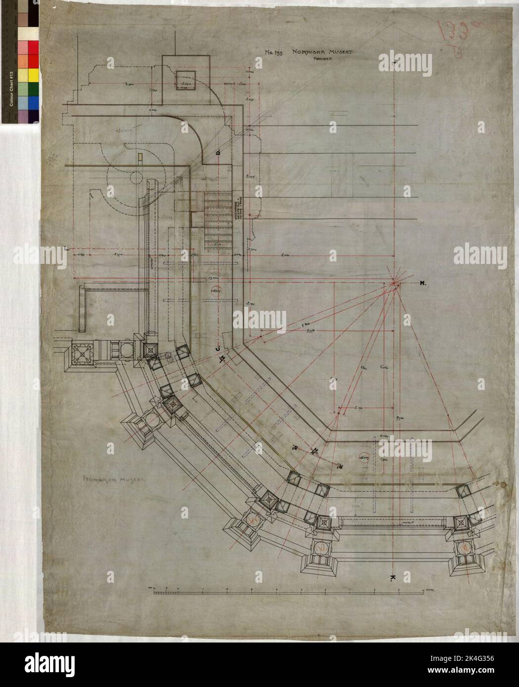 Zeichnung auf Webstruktur über dem Hauptgebäude des Nordischen Museums. Der Abgrund. Planen. Der Abgrund. 103 x 77 cm. Tusche, rot, gelb und braun. Linienzeichnung. Nicht Signiert. Nordisch Stockfoto