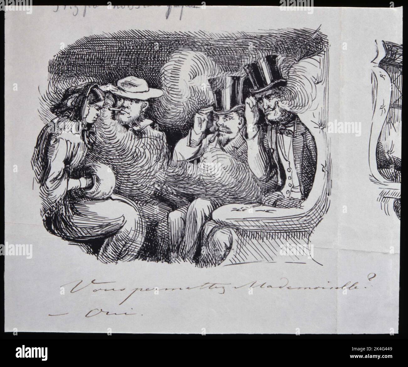 Du hast dich für mademoiselle entschieden? „Drei rauchende Männer und eine Frau in einem Eisenbahnwagen. Tinte von Fritz von Dardel Nordic Stockfoto