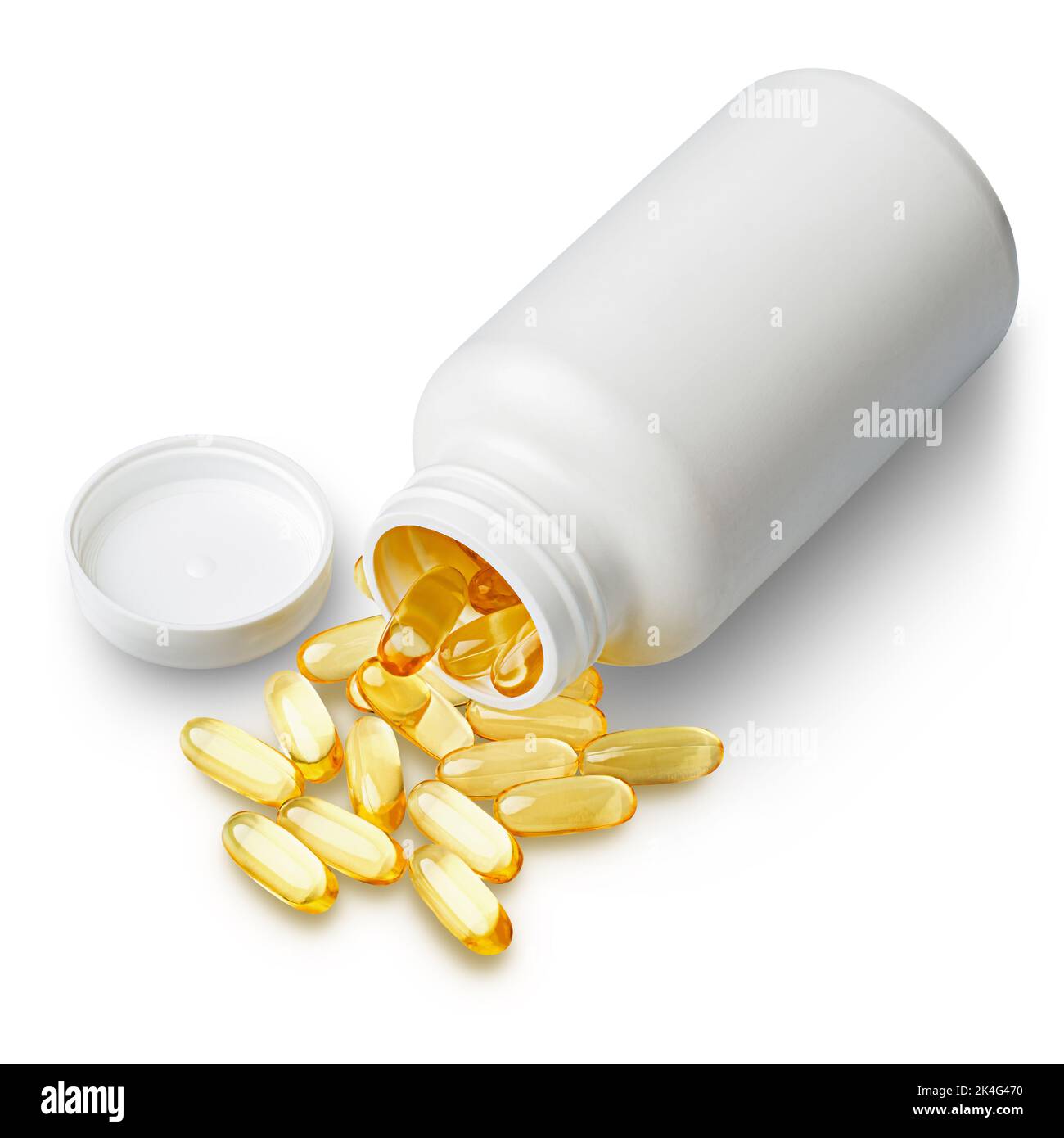 Omega-3 Fischöl-Kapseln aus der Flasche verstreut Stockfoto