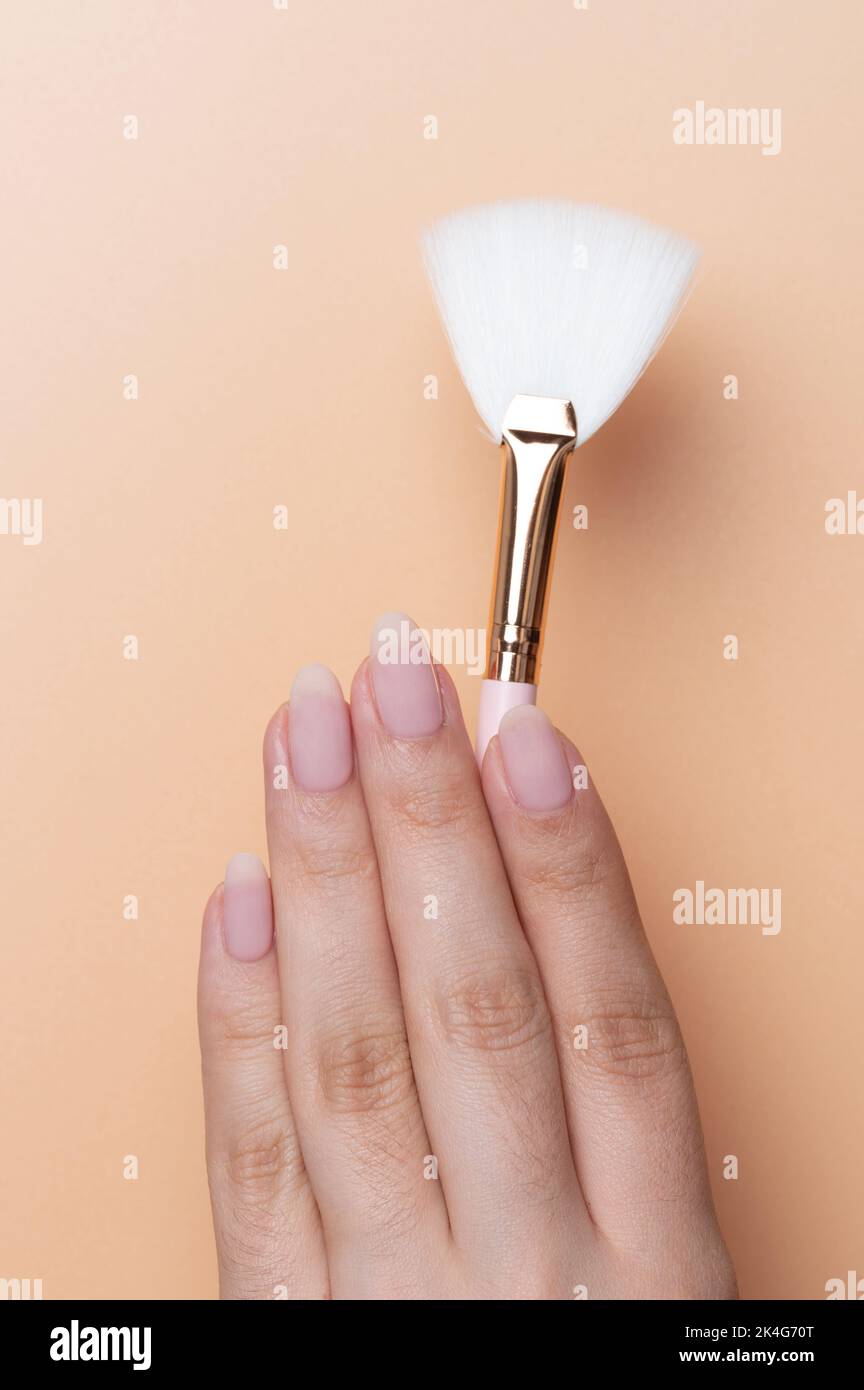 Nahaufnahme der kosmetischen Bürste mit der Hand auf beigefarbenem Hintergrund Stockfoto