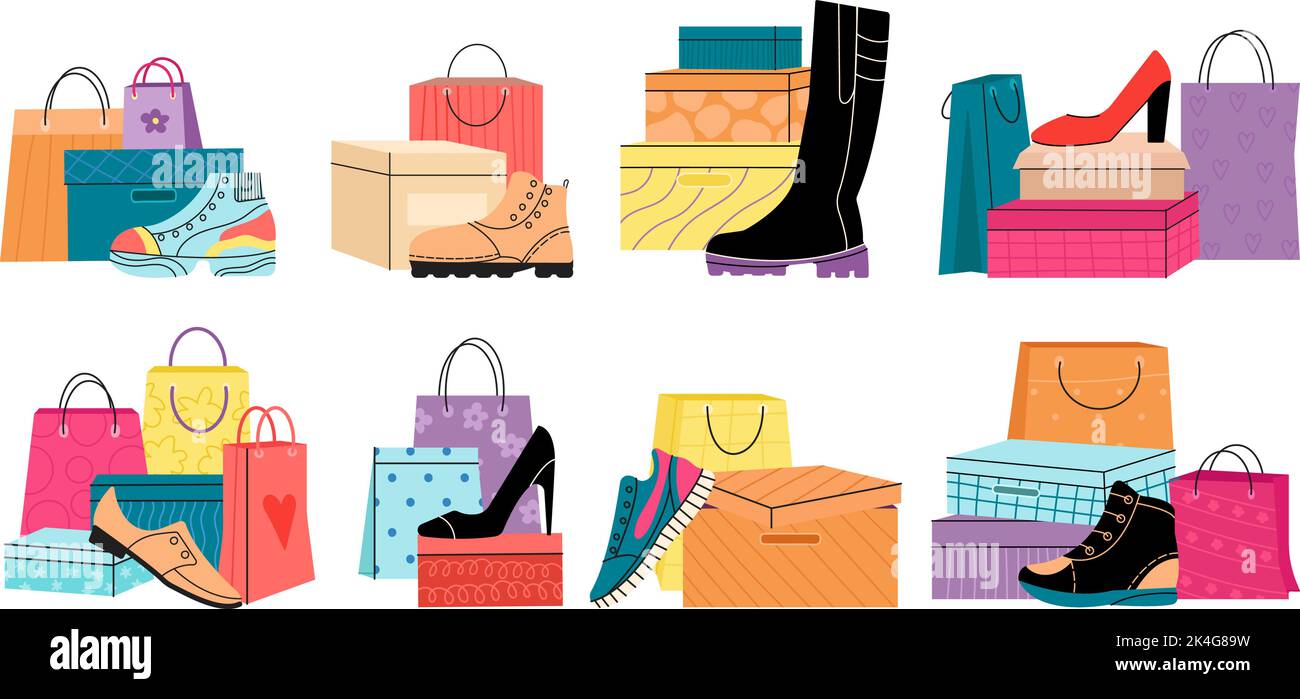 Schuheinkaufsboxen, Sneakers und Damenschuhe. Modegeschäft Handwerk Papier-Paket, bunte verschiedene Einkaufstaschen. Anständige Stiefel und Gummischuhe Vektor Stock Vektor
