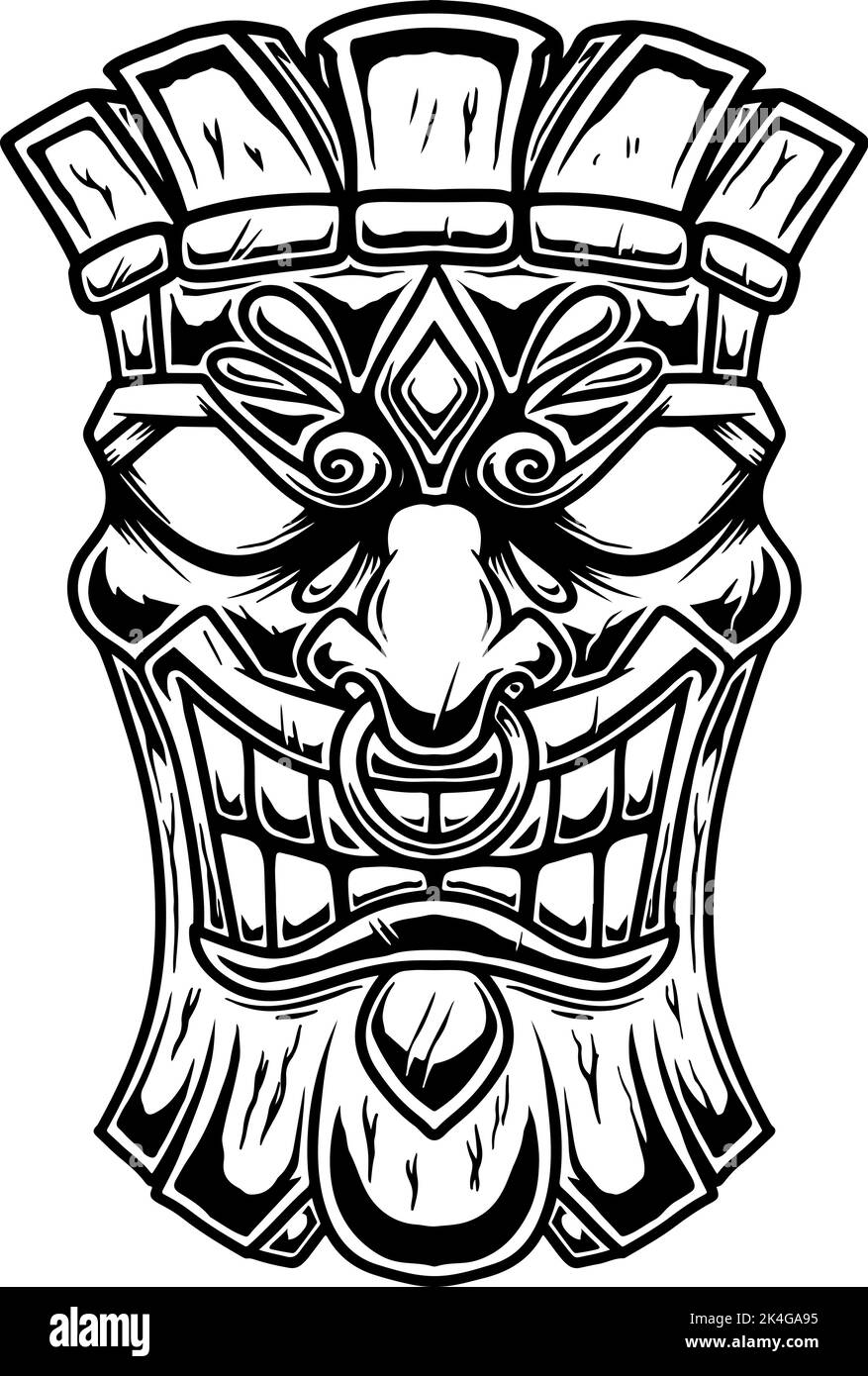 Illustration Tiki Statue im monochromen Stil. Gestaltungselement für Logo, Etikett, Schild, Poster, Karte. Vektorgrafik Stock Vektor