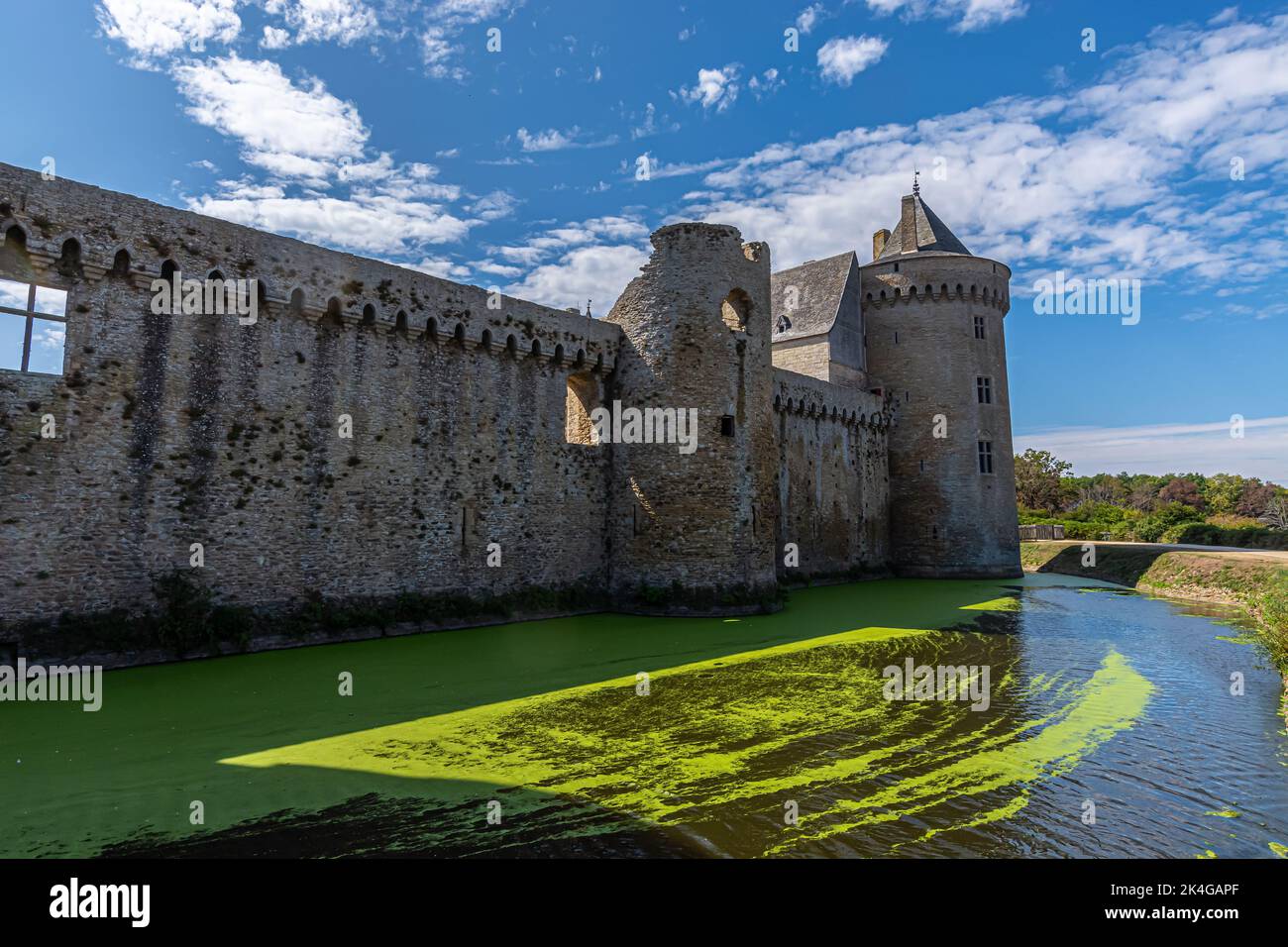 Panoramablick auf das Chateau de Suscinio im Golf von Morbihan, Bretagne, Frankreich Stockfoto