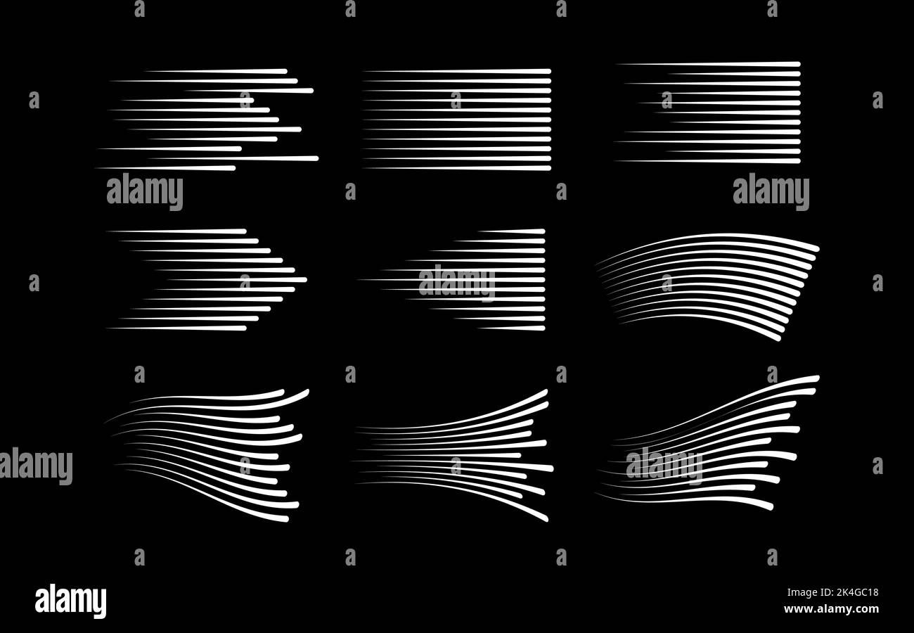 Schnelle Effektlinien. Weiße Geschwindigkeit Bewegung Linie Designs isoliert, Beschleunigung Burst Vektor verschiedene Formen Illustration Stock Vektor