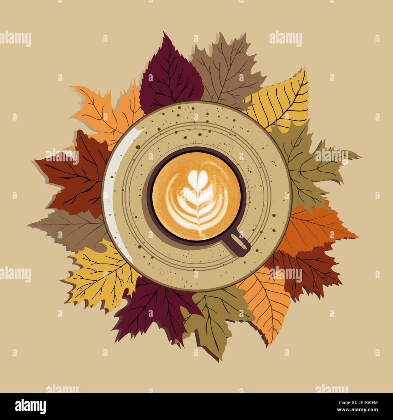 Herbst, Herbstblätter, heiße Tasse Kaffee auf einem Teller vor einem Hintergrund von Blättern. Saisonal, Morgenkaffee, Stillleben Konzept. Stock Vektor