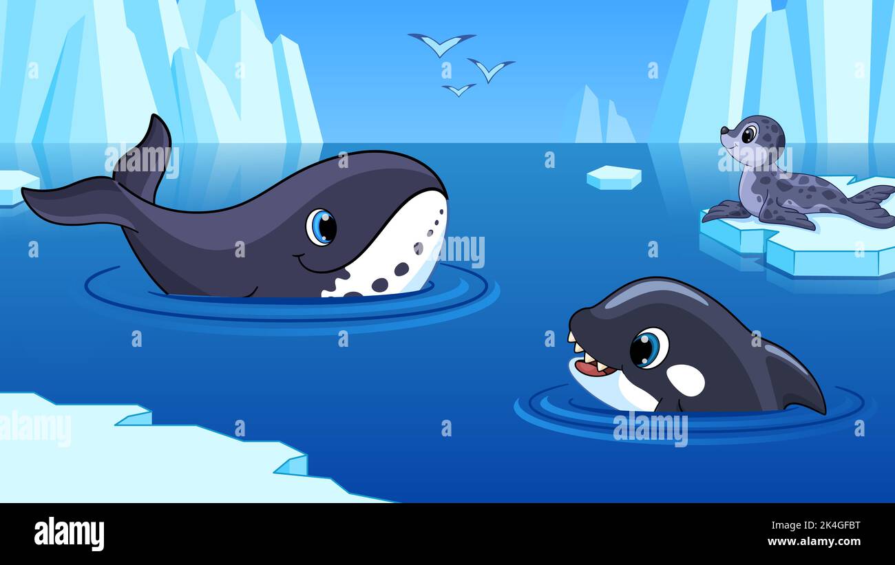 Cartoon Winter Ozeanlandschaft. Killerwal und Wal, Pelzrobbe schwimmt auf einer Eisscholle. Niedliche wilde Meerestiere und Eisfelsen aus dem Norden. Vektor kindisch Stock Vektor