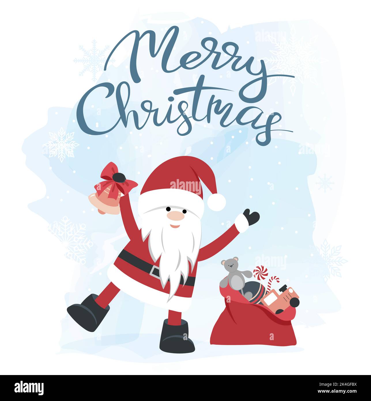 Weihnachtskarte. Weihnachtsmann mit einer Geschenktüte auf einem Winterhintergrund. Vektor Stock Vektor