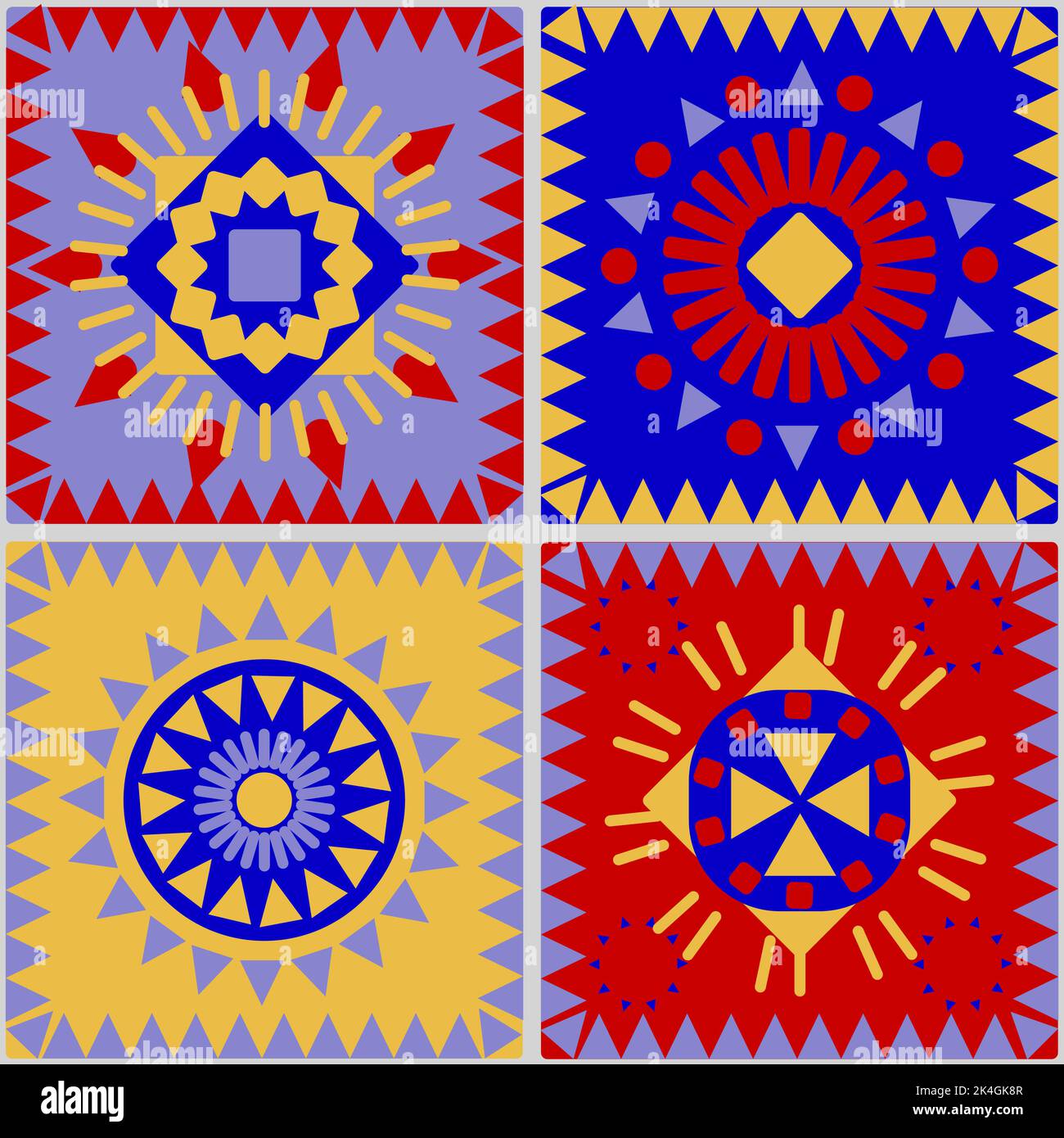 Ein Muster ohne Hintergrund aus bunten, hellen und kontrastierenden geometrischen Formen Stock Vektor