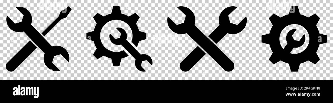 Symbole für den technischen Service eingestellt. Schraubenschlüssel, Schraubendreher und Zahnradsymbol. Vektordarstellung auf transparentem Hintergrund isoliert Stock Vektor