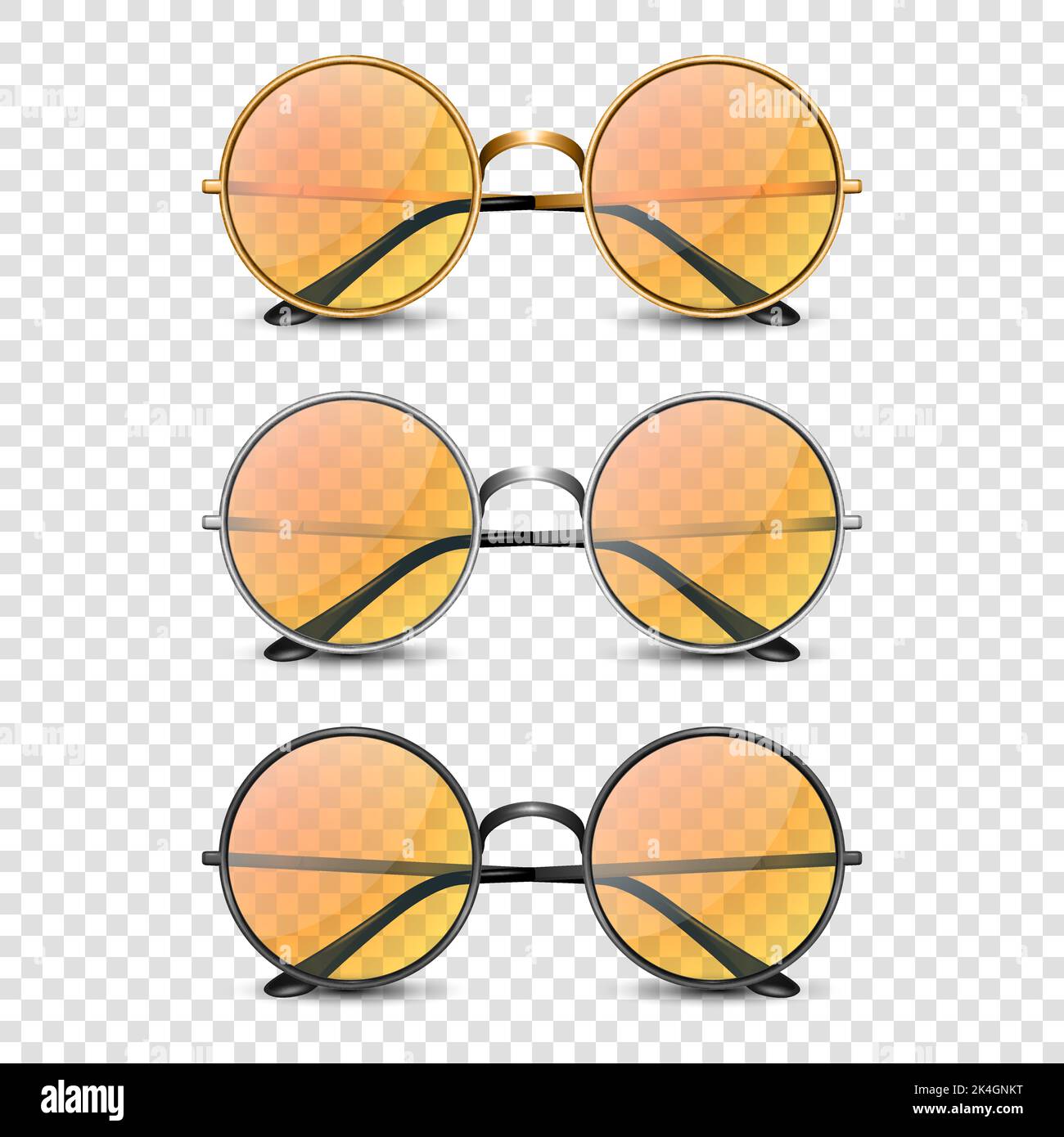 Vector 3D realistische Runde Rahmen Gläser Set mit Orange Glas isoliert, transparente Sonnenbrille für Frauen und Männer, Zubehör. Optik, Linse, Vintage Stock Vektor