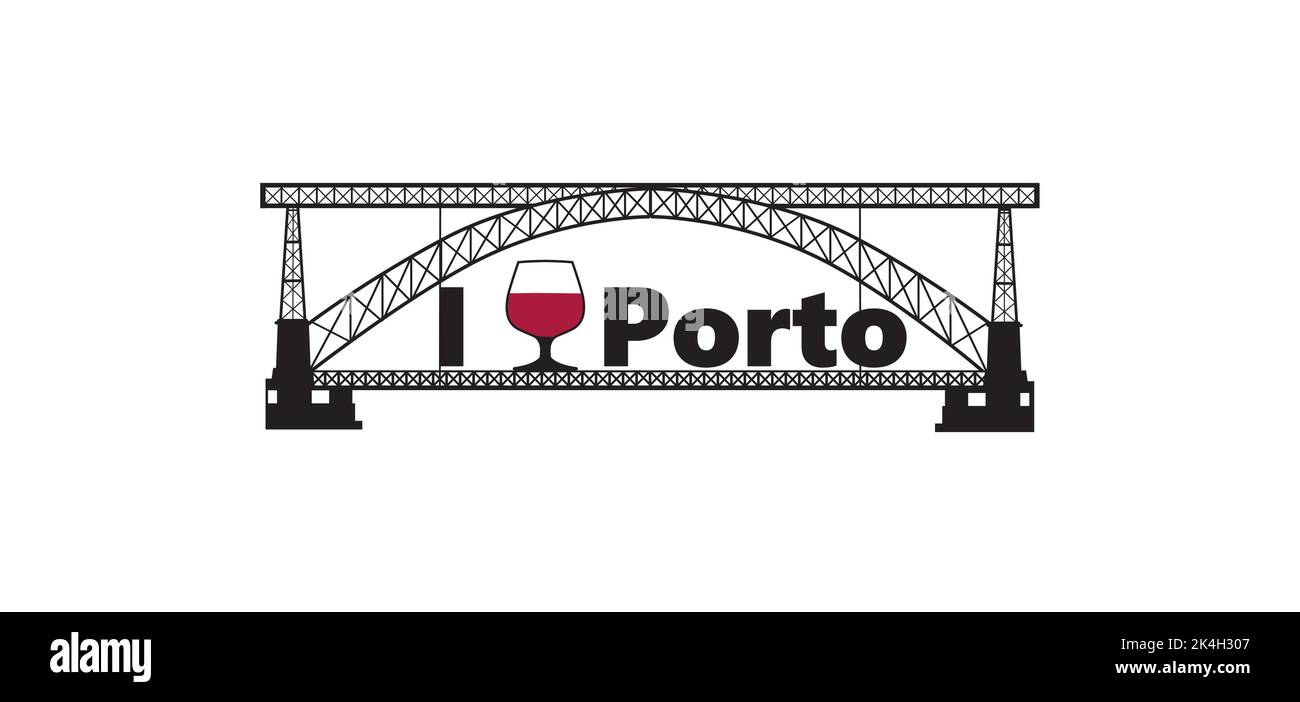 Portugal Stadt Porto horizontales Banner. Schriftzug Ich liebe Porto mit traditionellem porto-Weinglas und dem berühmten Wahrzeichen der Stadt, der Eifelbrücke, von der Vorderseite aus. Stock Vektor