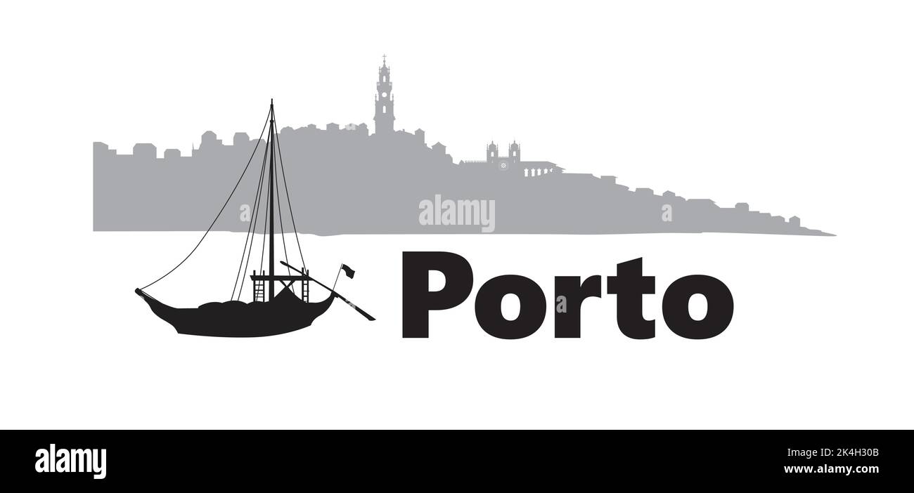 Portugal Stadt Porto horizontales Banner. Schriftzug Porto mit traditionellem portugiesischen Boot und Skyline-Silhouette im Stadtbild Stock Vektor