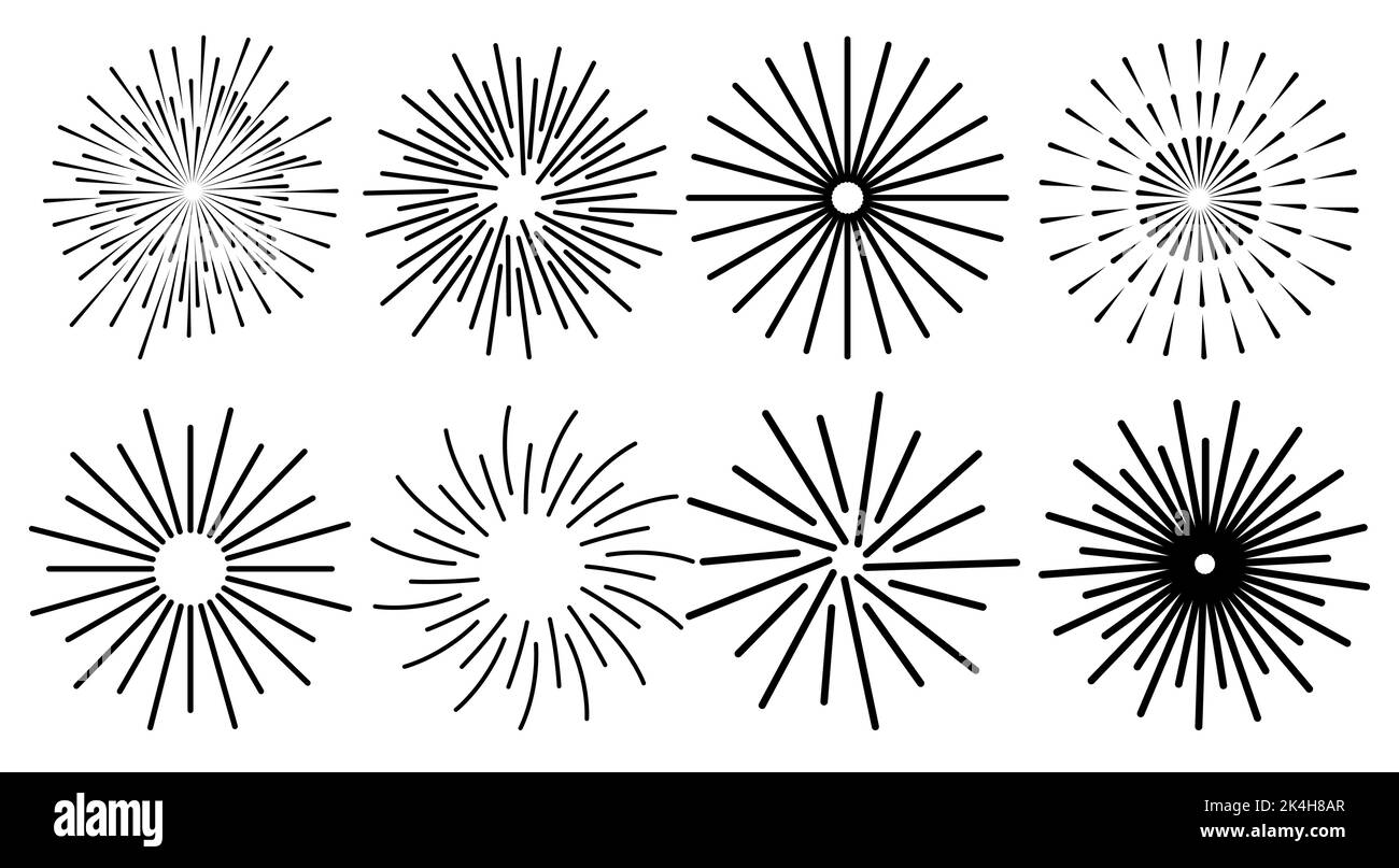 Feuerwerkskörper mit schwarzer Linie. Feier Feuer Feuerwerk weihnachten Neujahr Pyrotechnik Feuerwerkskörper, Nachtfest, Geburtstagsfeier. Vintage Sonnenstrahlen platzen. Radiale Lichtstrahlen grüßen Funken Stock Vektor