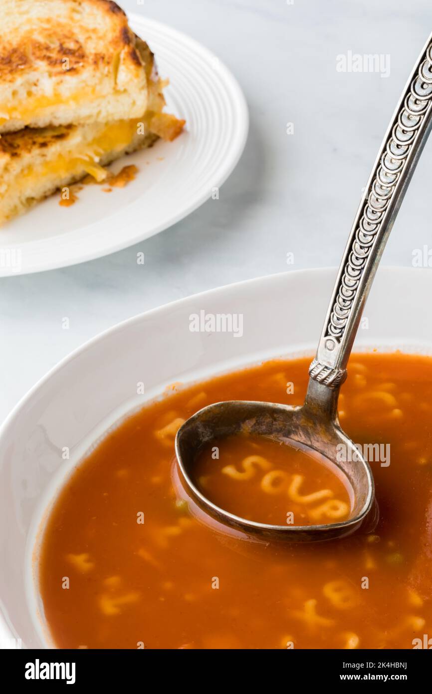 Eine Schüssel mit Alphabetsuppe, in der das Wort Suppe im Löffel geschrieben ist. Stockfoto