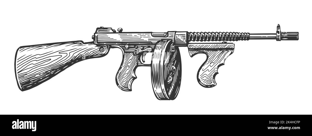 Mafia-Maschinengewehr. Gangster Retro automatische Waffe Vektor Illustration. Handgezeichnete Vintage-Skizze Stock Vektor