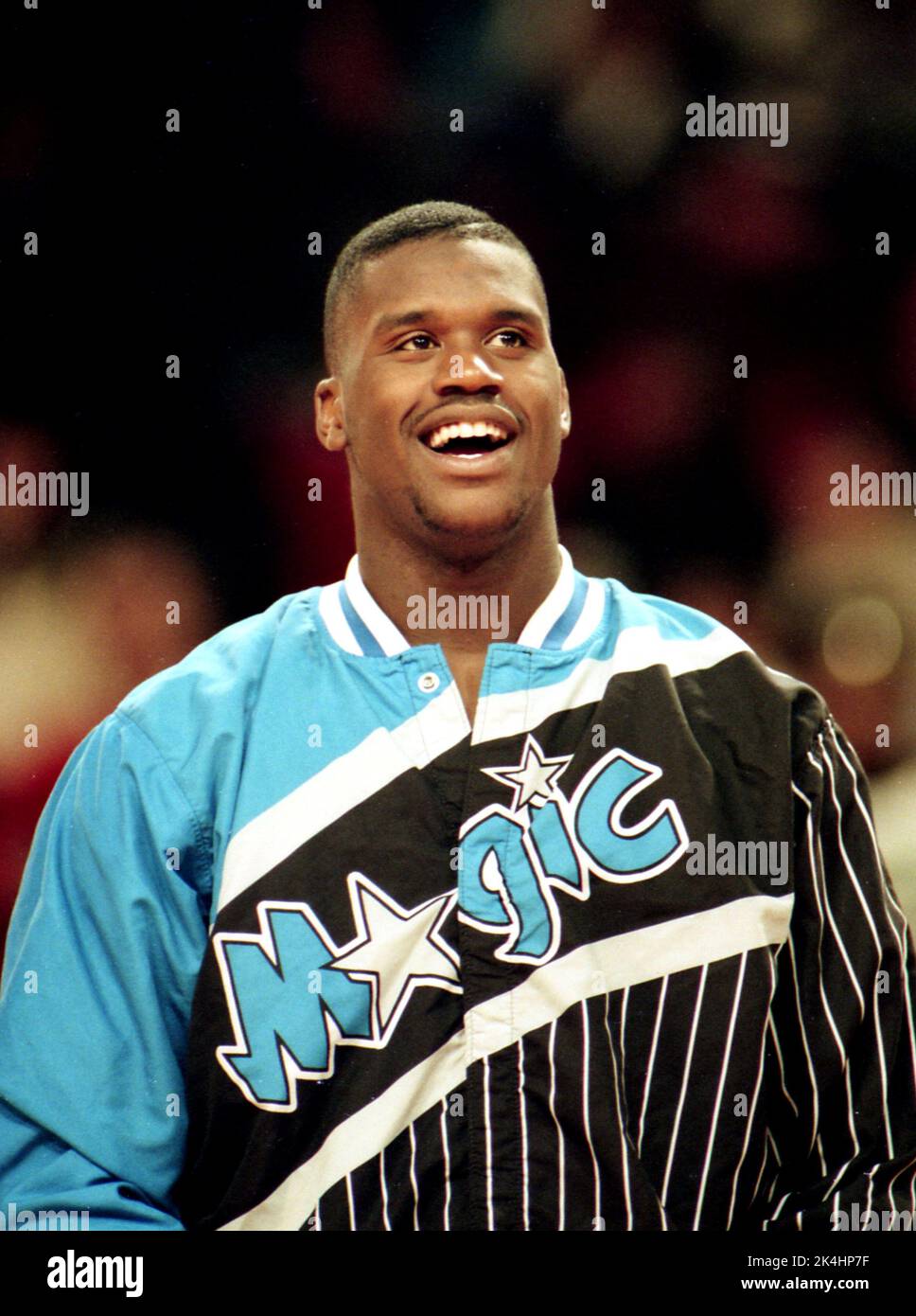 Orlando Magic Center Shaquille O'Neal wird während seines Rookie-Jahres während eines Spiels in Chicago gegen die Bulls gezeigt. Im Jahr 1992. Stockfoto