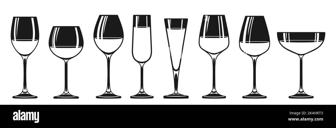 Wineglass verschiedene Typen Stempel oder Icon Set. Glas für roten, Sekt Champagner Spirituosen Alkoholgetränke, Gravur verschiedene Formen. Weinherstellung monochrome Werbung Design für Restaurant Stock Vektor
