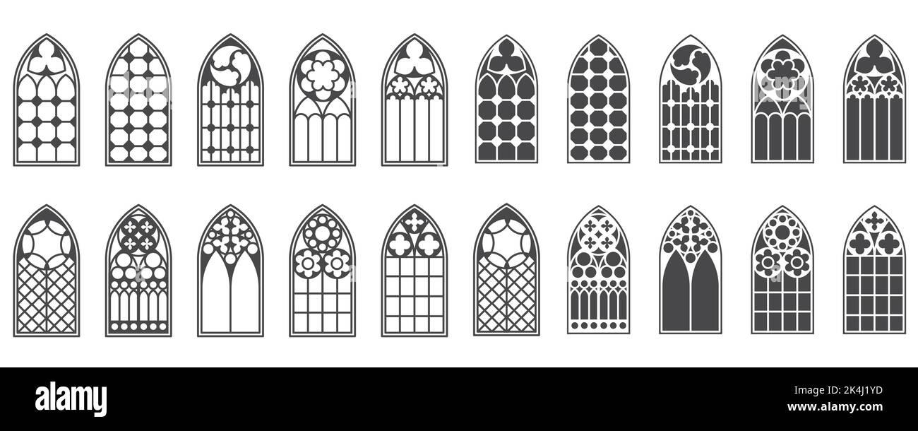 Kirchenfenster gesetzt. Silhouetten von gotischen Bögen in Linie und Glyphe klassischen Stil. Alte Kathedralenglasrahmen. Mittelalterliche Inneneinrichtung. Vektor Stock Vektor