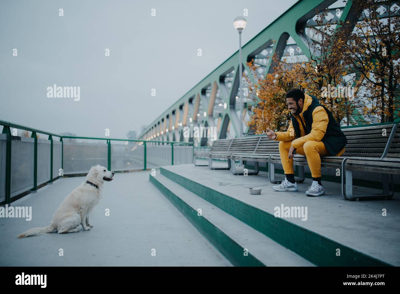 Glücklicher junger Mann, der sich am Herbsttag während eines Hundespaziergangs im Stadtgebiet ausruhen kann. Stockfoto