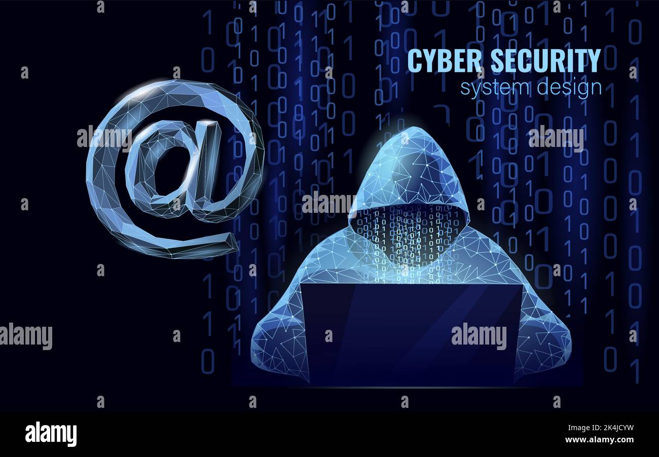 Internet-Sicherheit Cyber-Angriff Geschäftskonzept low poly. Anonymer Hacker am Laptop-Computer blaue Finanzgefahr. Rack im Serverraum polygonal Stock Vektor