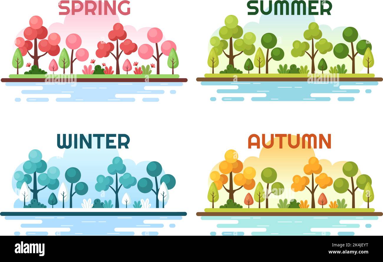 Landschaft der vier Jahreszeiten der Natur mit Landschaft Frühling, Sommer, Herbst und Winter in Vorlage Handgezeichnete Cartoon Flat Style Illustration Stock Vektor